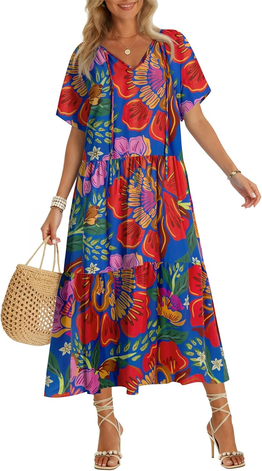 Womens 2026 Summer Maxi Dresses Short Sleeve Boho Beach Shirt Dresses Loose Vacation Outfits Sundresses