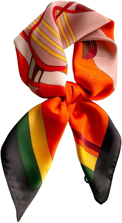Women Classic Versatile Silky Square Scarf 27.5 in (Orange Horse Green Border)