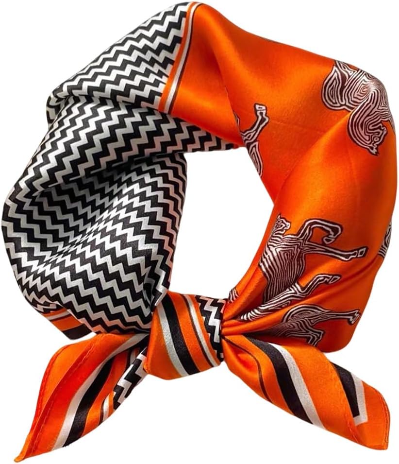Women Classic Versatile Silky Square Scarf 27.5 in (Orange Horse Green Border)