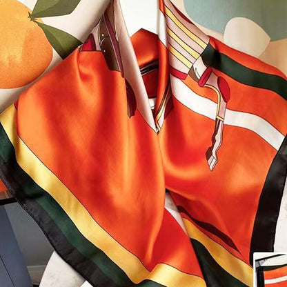 Women Classic Versatile Silky Square Scarf 27.5 in (Orange Horse Green Border)