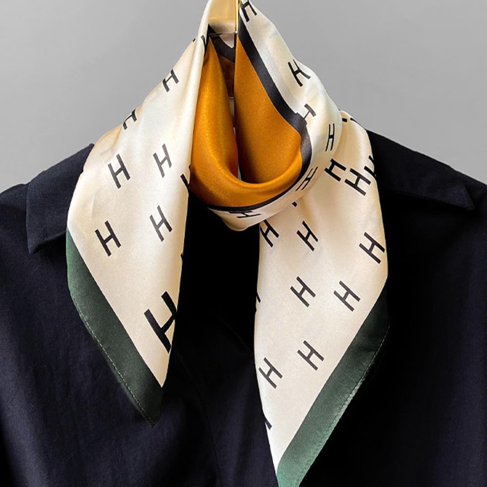 Women Classic Versatile Silky Square Scarf 27.5 in (Orange Horse Green Border)