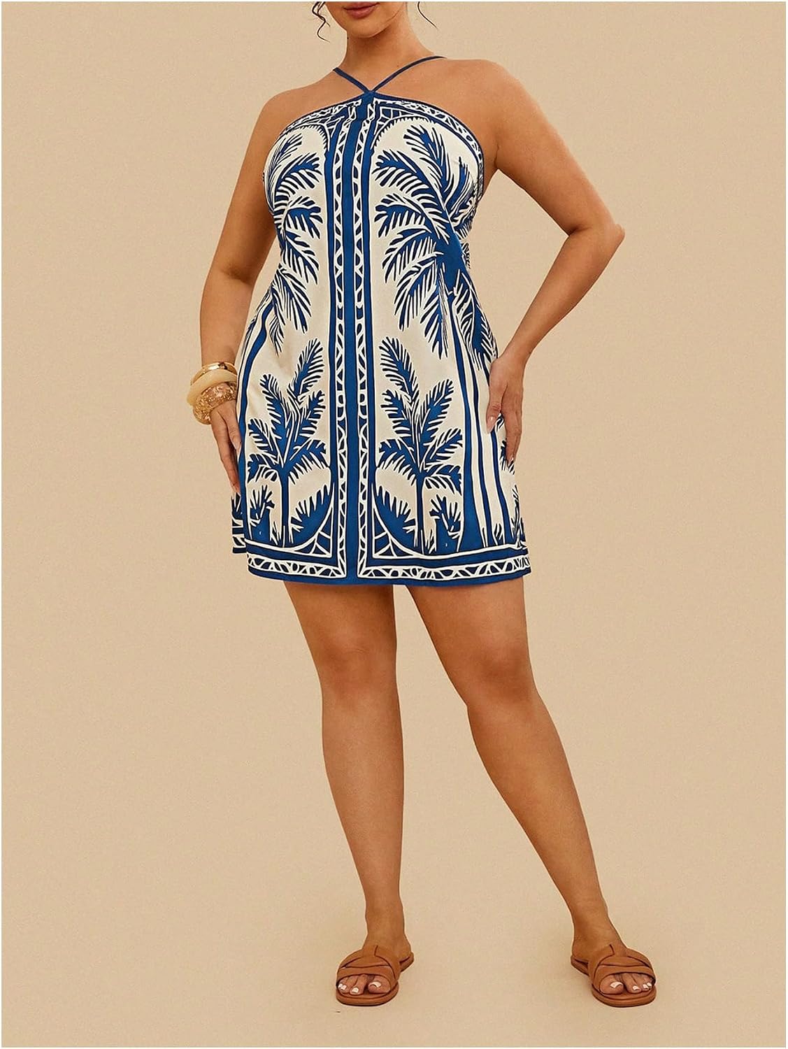 Women's Plus Size Boho Halter Mini Dress Tropical Print Sleeveless Summer Sundress