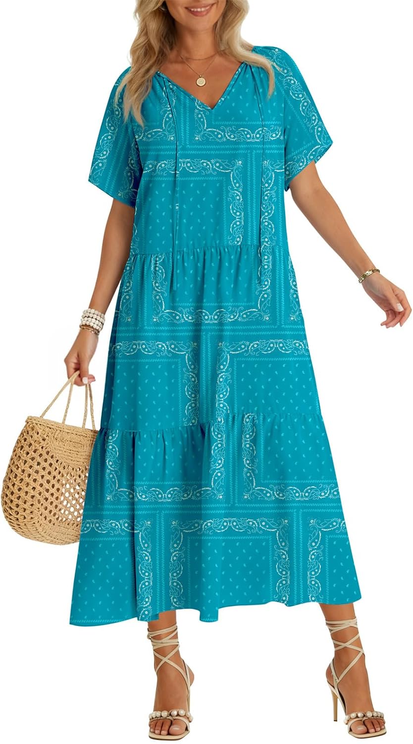 Womens 2026 Summer Maxi Dresses Short Sleeve Boho Beach Shirt Dresses Loose Vacation Outfits Sundresses