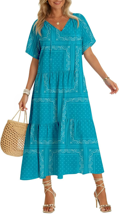 Womens 2026 Summer Maxi Dresses Short Sleeve Boho Beach Shirt Dresses Loose Vacation Outfits Sundresses