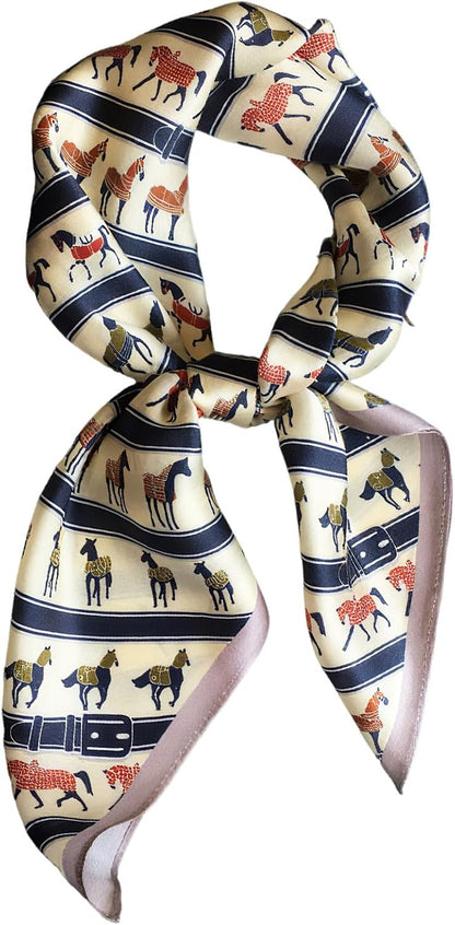 Women Classic Versatile Silky Square Scarf 27.5 in (Orange Horse Green Border)