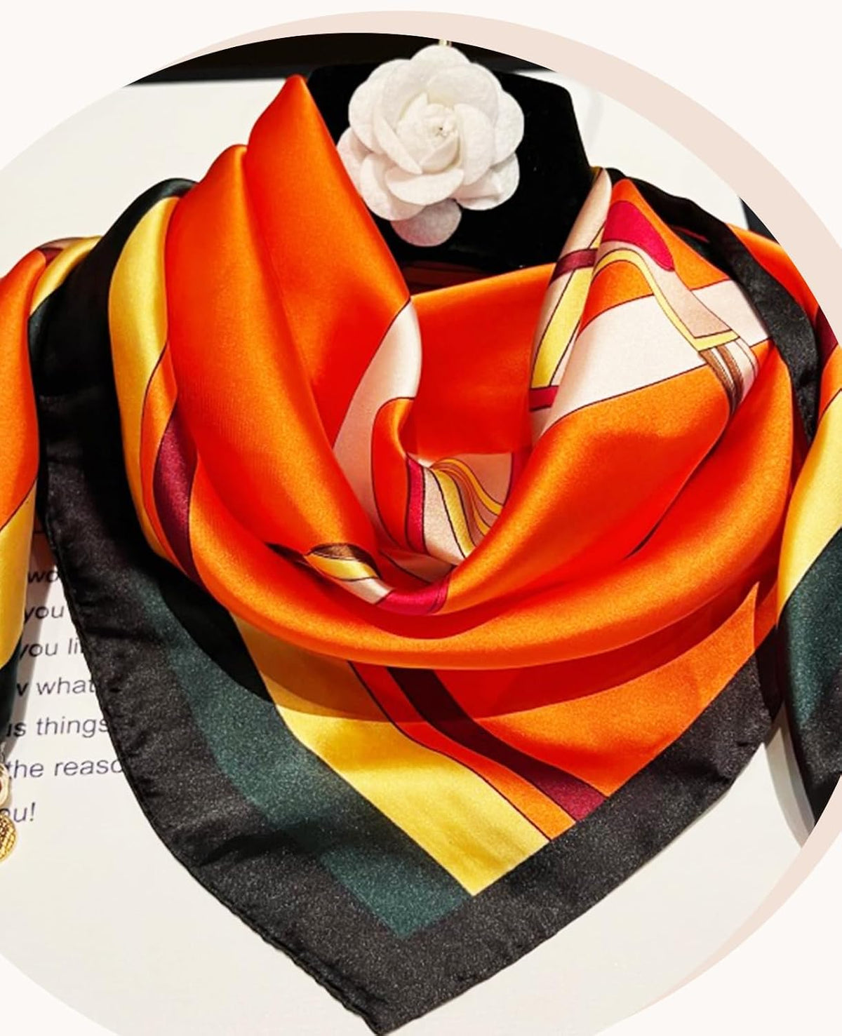 Women Classic Versatile Silky Square Scarf 27.5 in (Orange Horse Green Border)