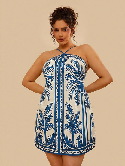 Women's Plus Size Boho Halter Mini Dress Tropical Print Sleeveless Summer Sundress