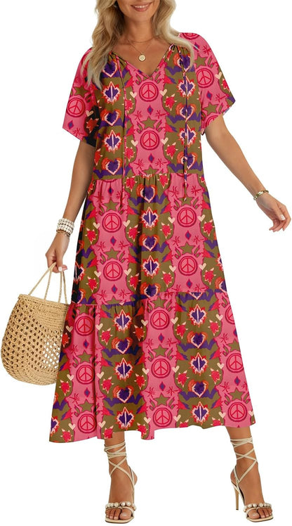 Womens 2026 Summer Maxi Dresses Short Sleeve Boho Beach Shirt Dresses Loose Vacation Outfits Sundresses