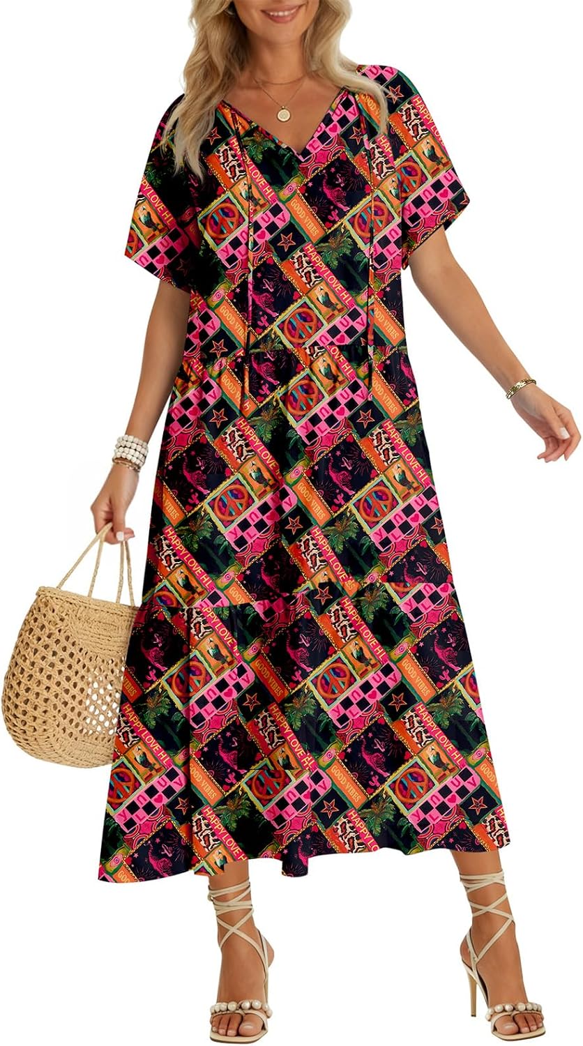 Womens 2026 Summer Maxi Dresses Short Sleeve Boho Beach Shirt Dresses Loose Vacation Outfits Sundresses