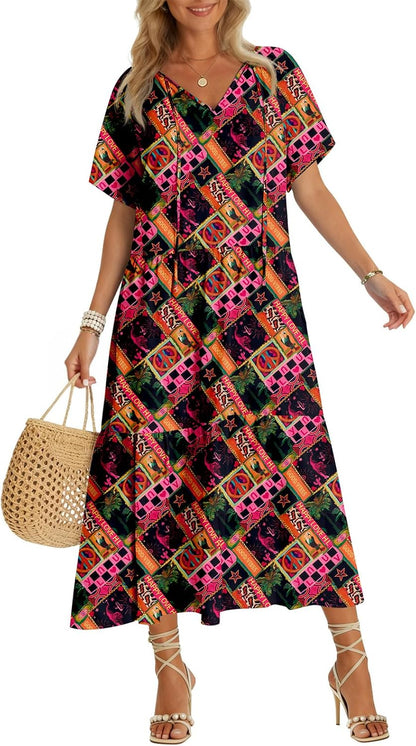 Womens 2026 Summer Maxi Dresses Short Sleeve Boho Beach Shirt Dresses Loose Vacation Outfits Sundresses