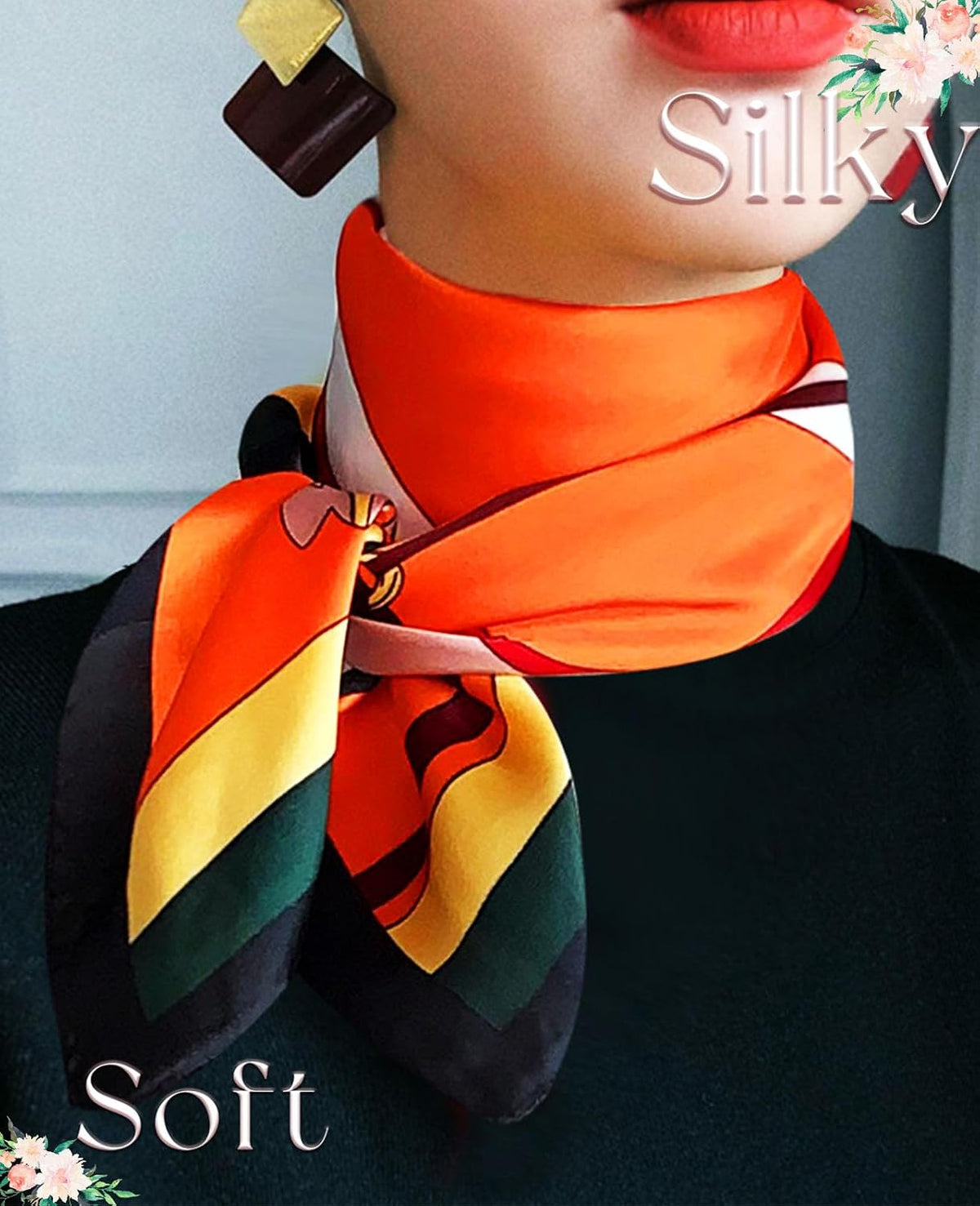 Women Classic Versatile Silky Square Scarf 27.5 in (Orange Horse Green Border)