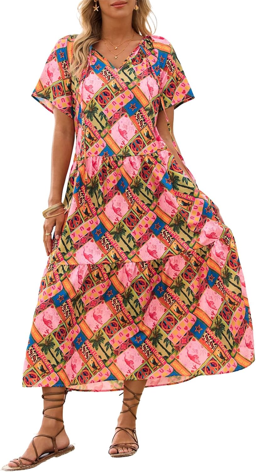 Womens 2026 Summer Maxi Dresses Short Sleeve Boho Beach Shirt Dresses Loose Vacation Outfits Sundresses