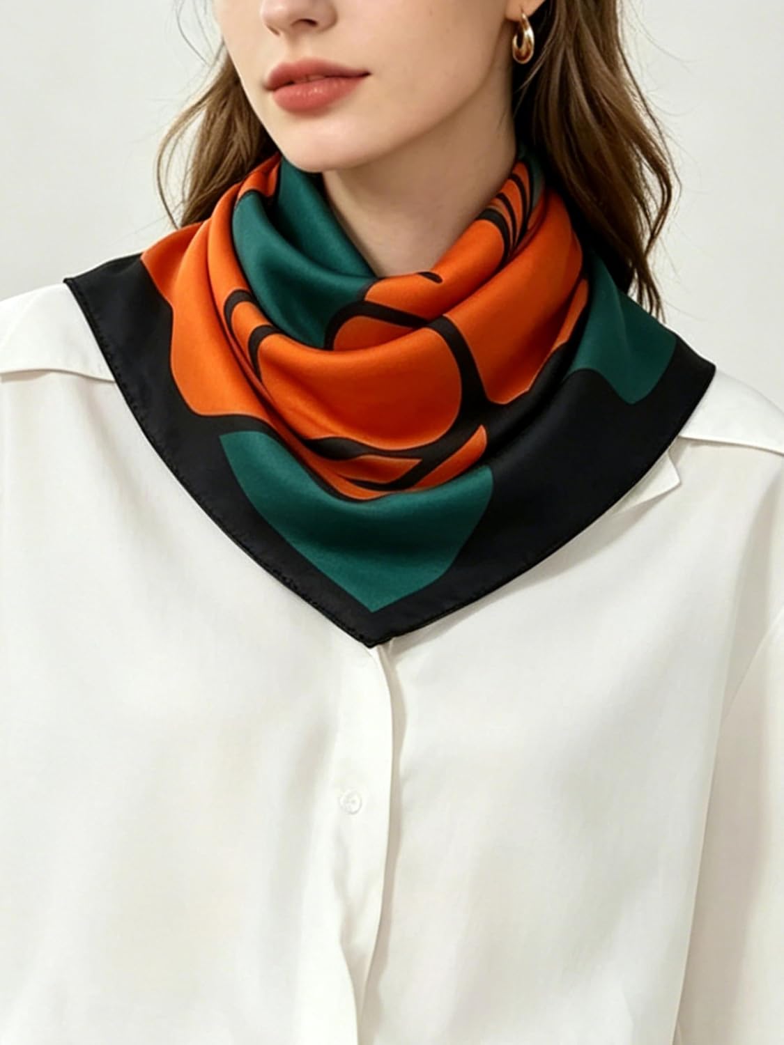 Women Classic Versatile Silky Square Scarf 27.5 in (Orange Horse Green Border)