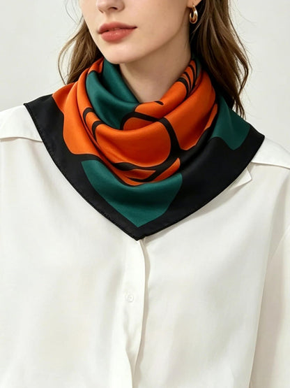 Women Classic Versatile Silky Square Scarf 27.5 in (Orange Horse Green Border)