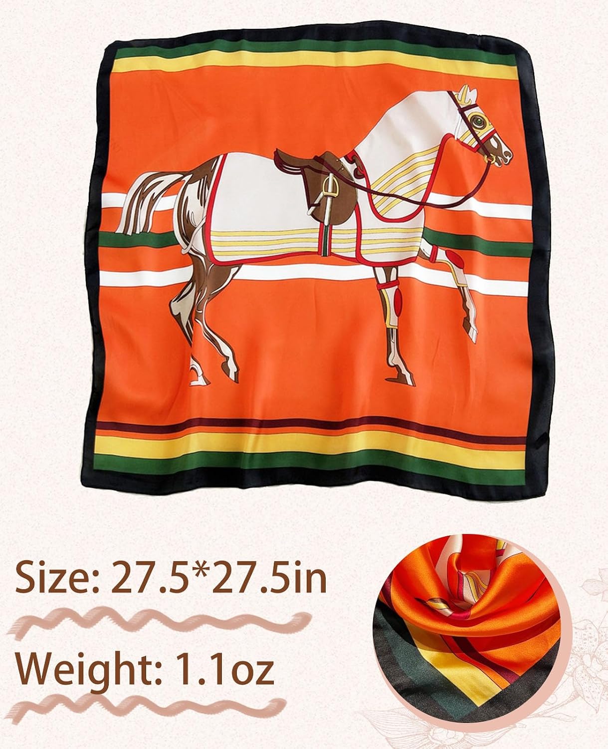 Women Classic Versatile Silky Square Scarf 27.5 in (Orange Horse Green Border)