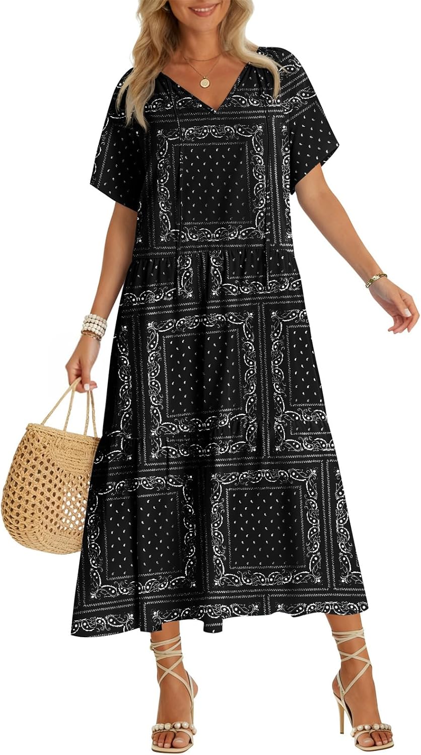 Womens 2026 Summer Maxi Dresses Short Sleeve Boho Beach Shirt Dresses Loose Vacation Outfits Sundresses