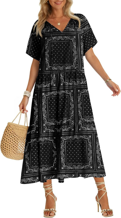 Womens 2026 Summer Maxi Dresses Short Sleeve Boho Beach Shirt Dresses Loose Vacation Outfits Sundresses