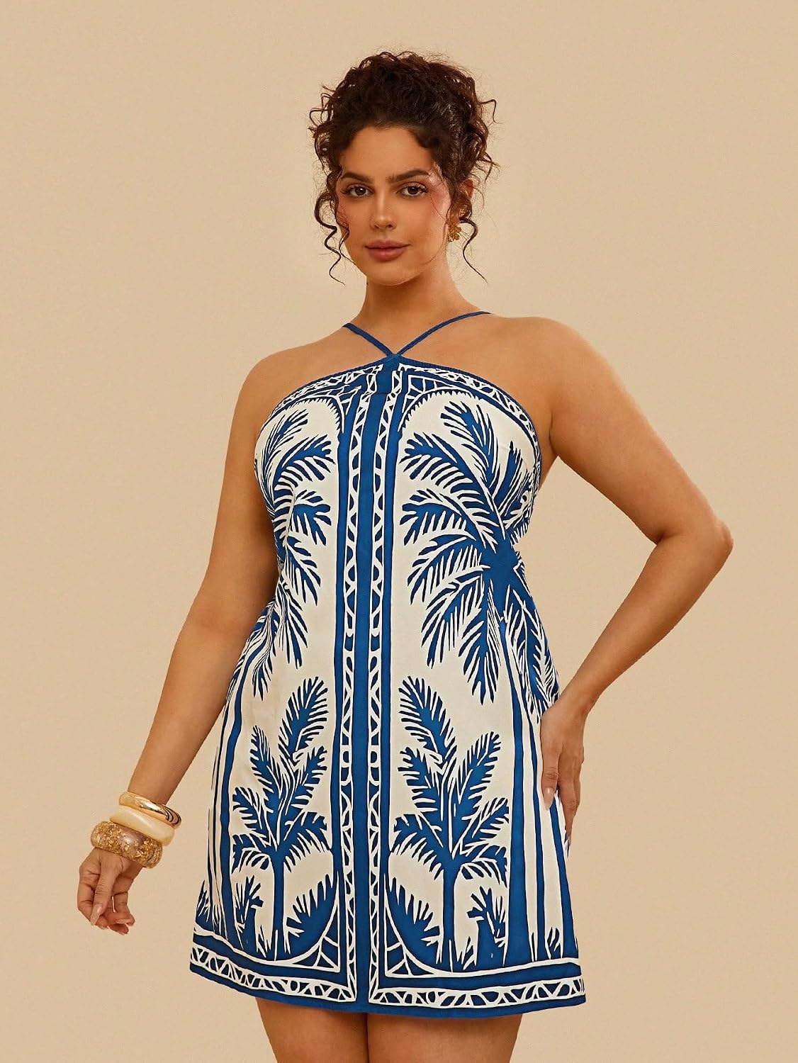 Women's Plus Size Boho Halter Mini Dress Tropical Print Sleeveless Summer Sundress