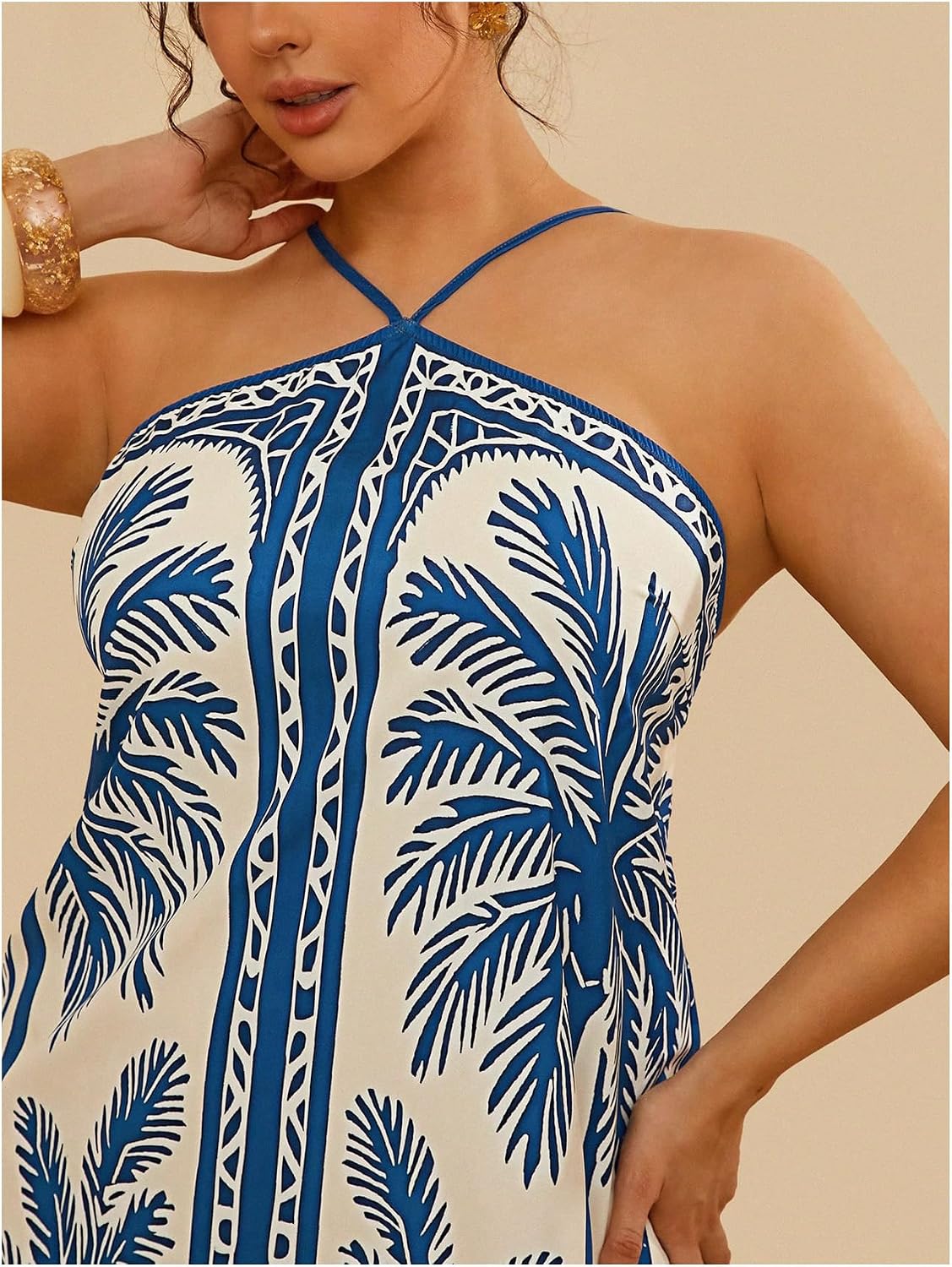 Women's Plus Size Boho Halter Mini Dress Tropical Print Sleeveless Summer Sundress