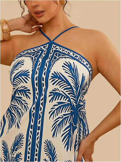 Women's Plus Size Boho Halter Mini Dress Tropical Print Sleeveless Summer Sundress
