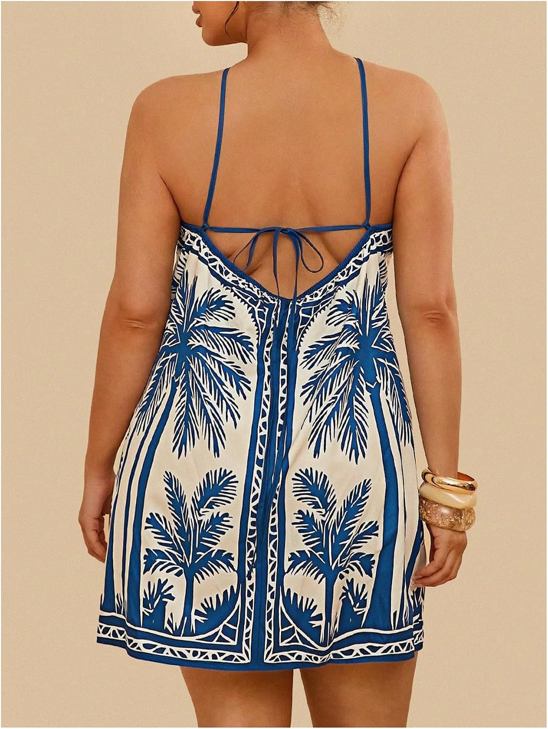 Women's Plus Size Boho Halter Mini Dress Tropical Print Sleeveless Summer Sundress