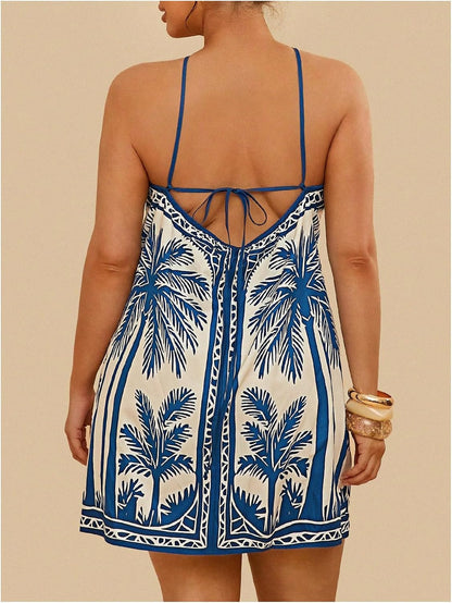 Women's Plus Size Boho Halter Mini Dress Tropical Print Sleeveless Summer Sundress